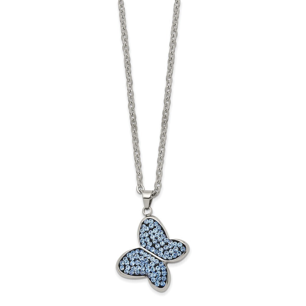 Kazi Luxury Stainless Steel Polished Blue Crystal Butterfly 22in Necklace